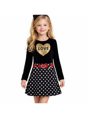 Black Velour and Knit Sparkle Love Heart Dress with Sequins Girls Size 10